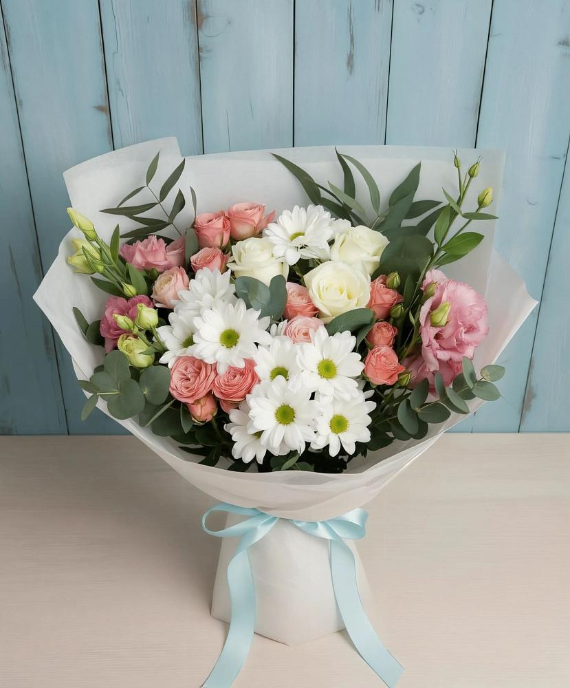 Букет цветов из: Розы, Лизиантусы и Хризантемы в Шенджий