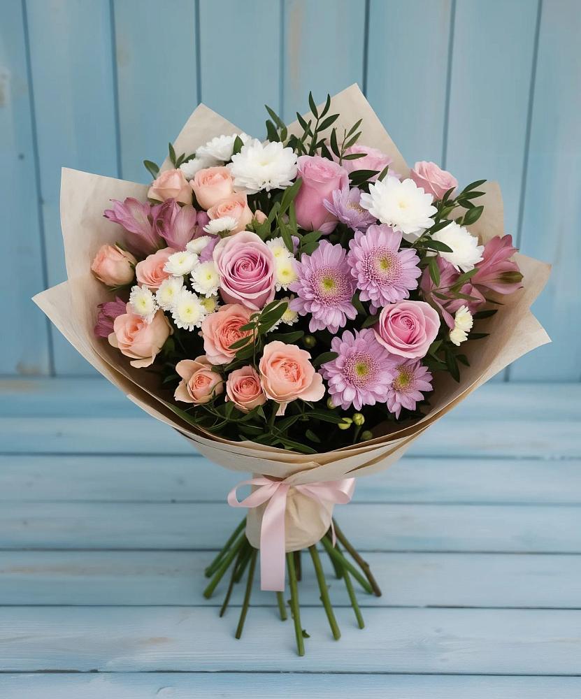 Букет цветов из: Хризантемы, Розы и Альстромерии в Шенджий