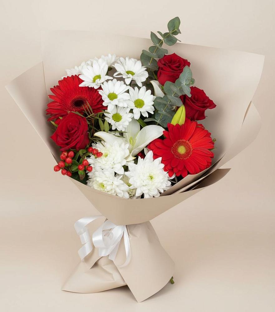 Букет цветов из: Розы, Хризантемы, Герберы и Лилии в Шенджий