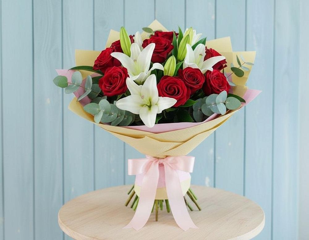 Букет цветов из: Лилии и Розы в Шенджий